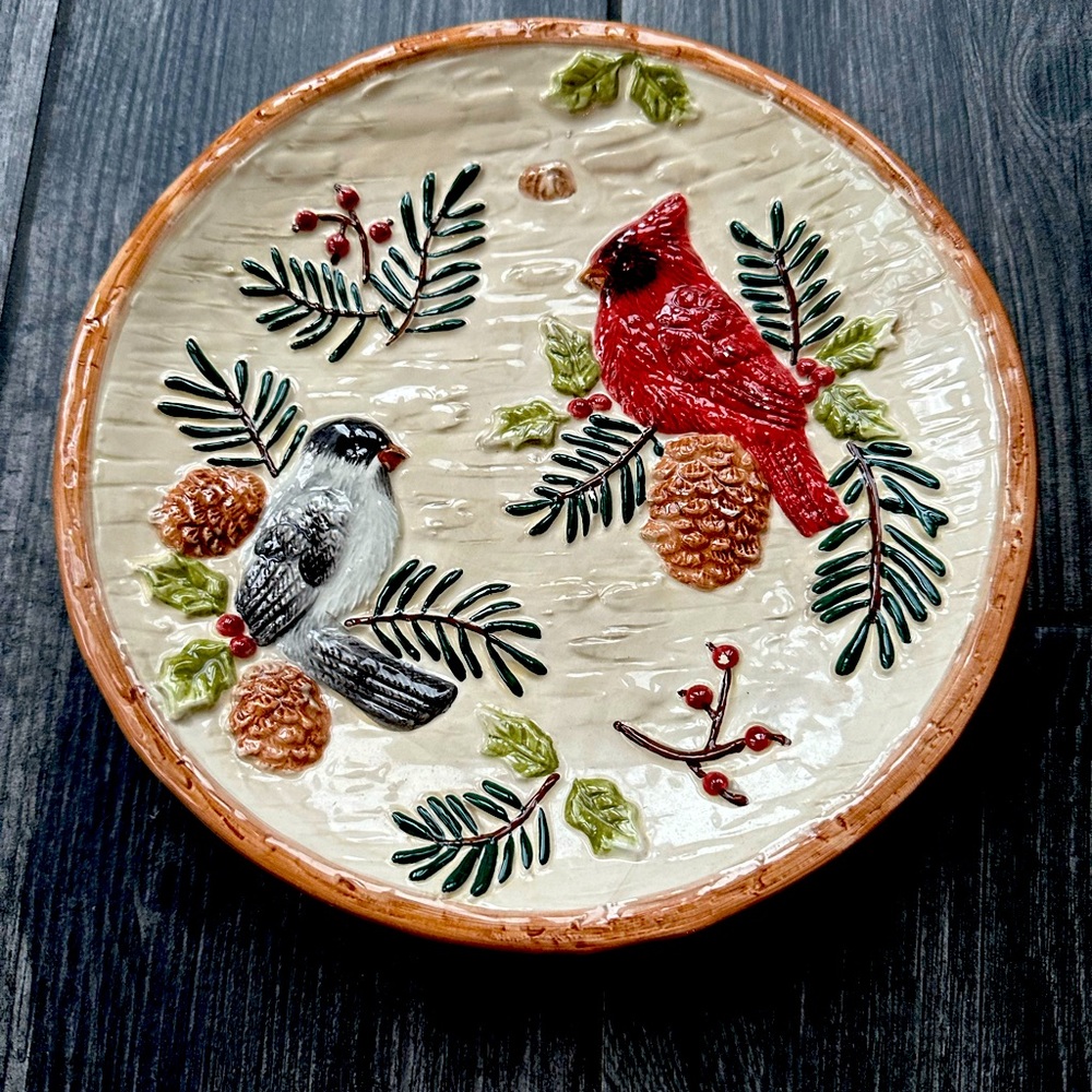 Sonoma Knollwood Vintage Ceramic  Birds 3D  Plate  Forest Pinecone